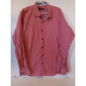 Jared Lang Shirt Mens 2XL Red Gingham Check Long Sleeve Button Up Blue Flip Cuff
